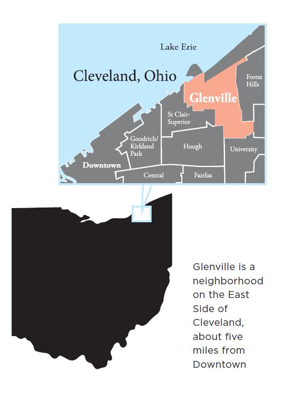 Map of Cleveland and Ohio showing the location of the Glenville neighborhood where Cory sits