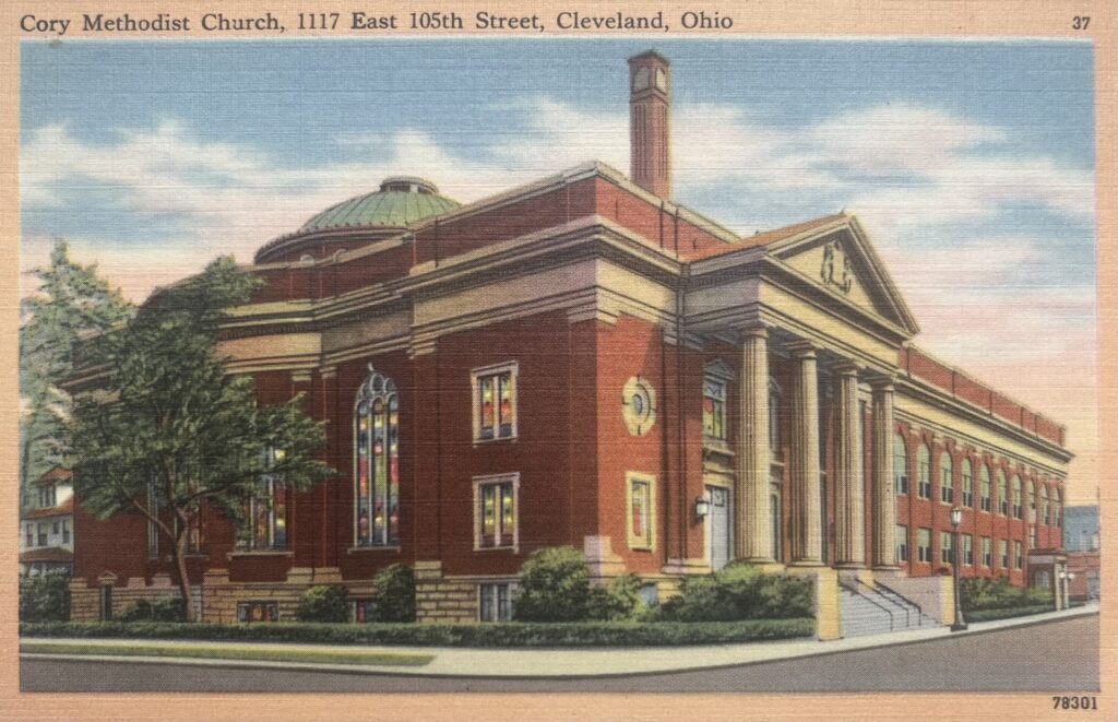 A postcard of Cory United Methodist Church from the early 1900s