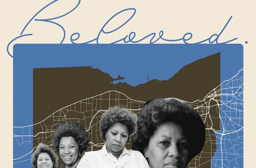 Promotional image for Ohio Celebrates Toni Morrison, featuring the word 'Beloved.' in written script and several black and white images of Morrison superimposed on a map of the Lake Erie shoreline and the outline of the state of Ohio. Additional text reads 'A Statewide Toni Morrison Celebration. From February 18, 2026 through February 18, 2027, Ohio will celebrate the life, literature, and legacy of Toni Morrison, Lorain, Ohio native and the first black woman to win the Nobel Prize in Literature' above the Literary Cleveland and Ohio Humanities logos.