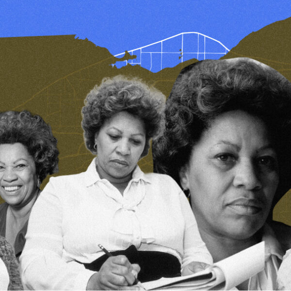 Promotional image for Ohio Celebrates Toni Morrison, featuring several black and white images of Morrison superimposed on a map of the Lake Erie shoreline and the outline of the state of Ohio.