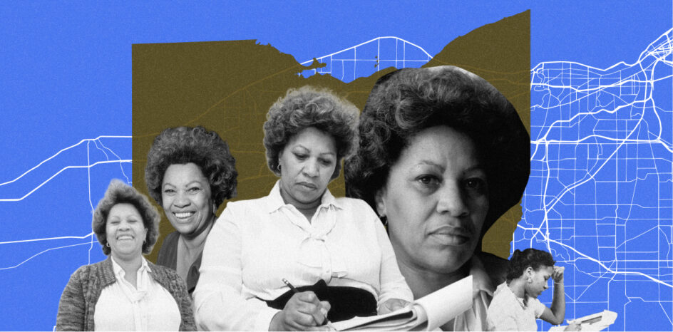 Promotional image for Ohio Celebrates Toni Morrison, featuring several black and white images of Morrison superimposed on a map of the Lake Erie shoreline and the outline of the state of Ohio.